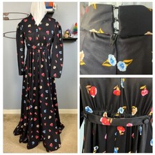 Vtg 1970's Double Knit Polyester Long Sleeve Black Mulitcolor Floral Dress XS/S