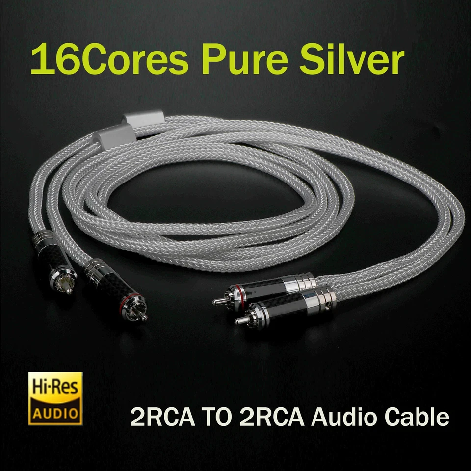 Pair 16 Cores 4N Pure Silver Audio RCA Cable Carbon Fiber RCA Plug for Amplifier - Image 2 of 4