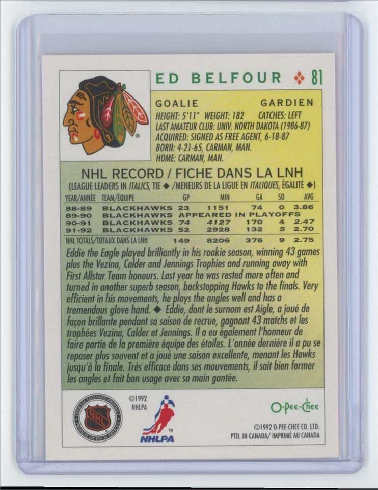 1992-93 O-Pee-Chee Ed Belfour . Chicago Blackhawks #81 - Image 2 of 2