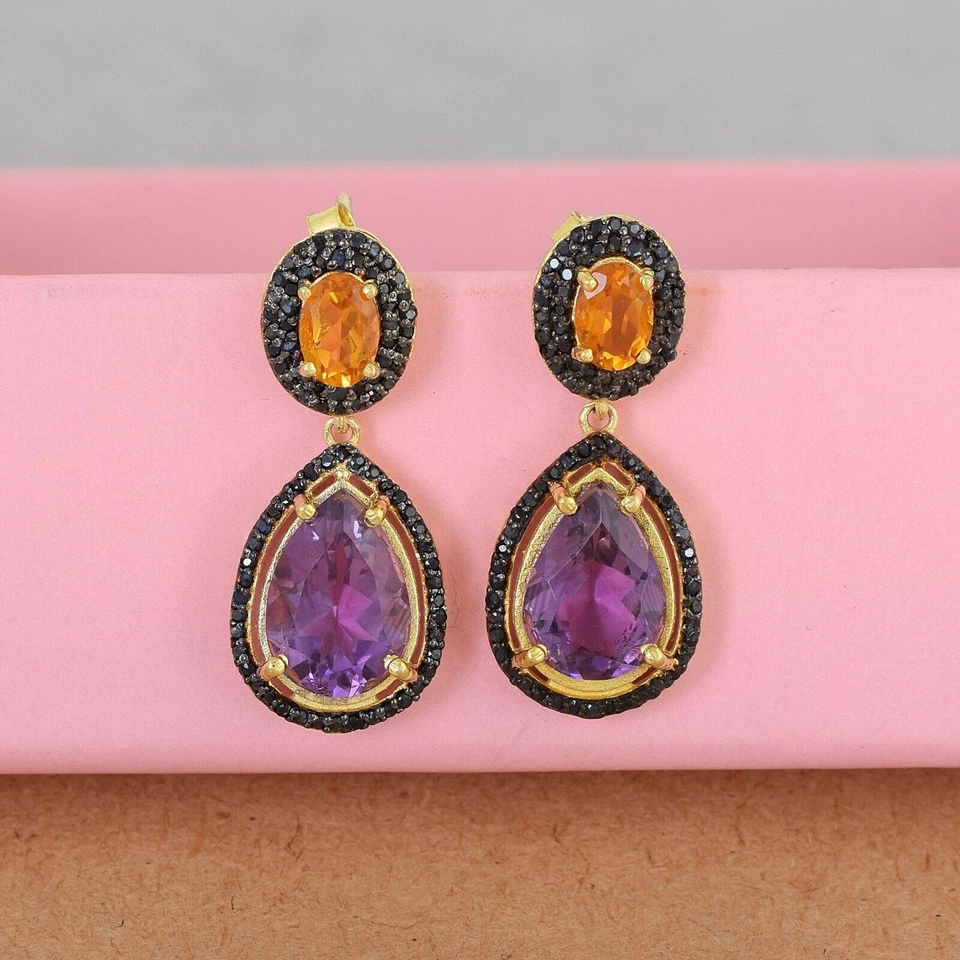 Женские винтажные свадебные серьги-подвески из стерлингового серебра с аметистом и драгоценными камнями - Изображение 4 из 4