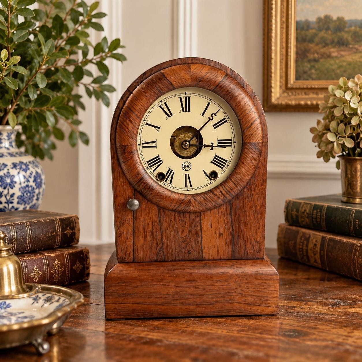 Antique Seth Thomas Tudor mantel clock with brass case and pendulum, Victorian era