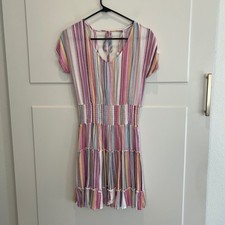 DDDY Striped Mini Dress Short Sleeve Smocked Waist Pink Yellow White Women Small