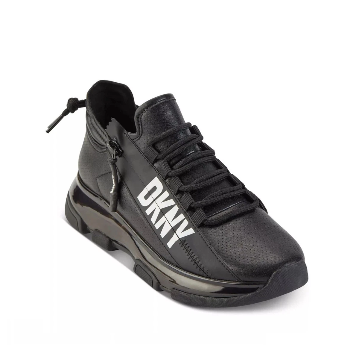 DKNY Womens 10 M Black Tokyo Faux Leather Zipper Slip On Sneakers