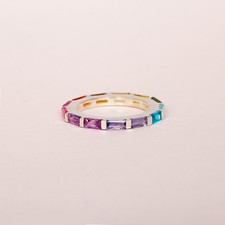 Baguette Rainbow Sapphire Full Eternity Band Ring, 14K Gold Anniversary jewelry