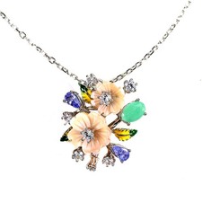 925 Sterling Silver Necklace Oval Emerald 6x4mm Mop Gemstone Enamel Jewelry 17in