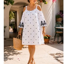 Boutique 2X Boho Embroidered Cold Shoulder Cotton Tunic Dress Plus Size Feminine