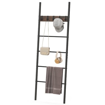 5-Tier Ladder Shelf Wall Leaning Blanket Ladder w/5 Removable Hooks Rustic Brown