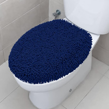 Ultra Soft Chenille Bathroom Toilet Lid Cover, 19X21 Inches, Navy Blue 