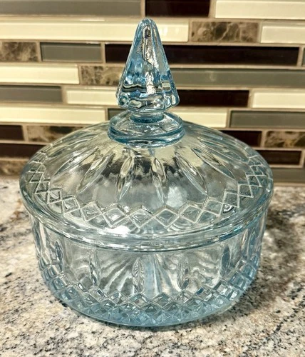Indiana Glass Co. Candy Dish Diamond Princess Light Ice Blue Pattern