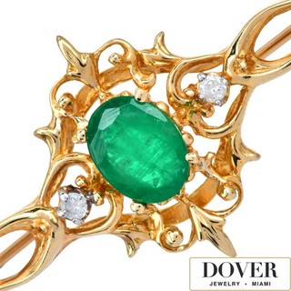 Estate Diamond 1.00ct Emerald 14K Gold Ornate Filigree Brooch Pin 3.7 Grams NR
