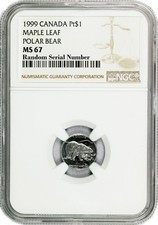1999 $1 CAD Platinum Canadian Maple Leaf Polar Bear 1/20 oz .9995 NGC MS67