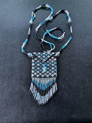 Blue Black White Seed Bead Pouch Necklace Amulet Sachet Medicine Bag Fringe Boho