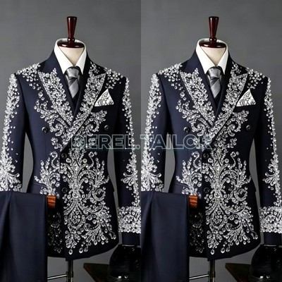Crystal Beaded  Men Suits Luxury Wedding Tuxedos for Party Formal Blazers Pant