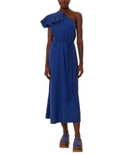 Farm Rio Linen-Blend Navy One Shoulder Leaf Maxi Dress Women's  Xs