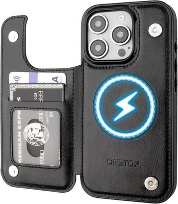 ONETOP Magnetic Kickstand Wallet Case w/ Card Holder for iPhone 16 Pro Navy Blue