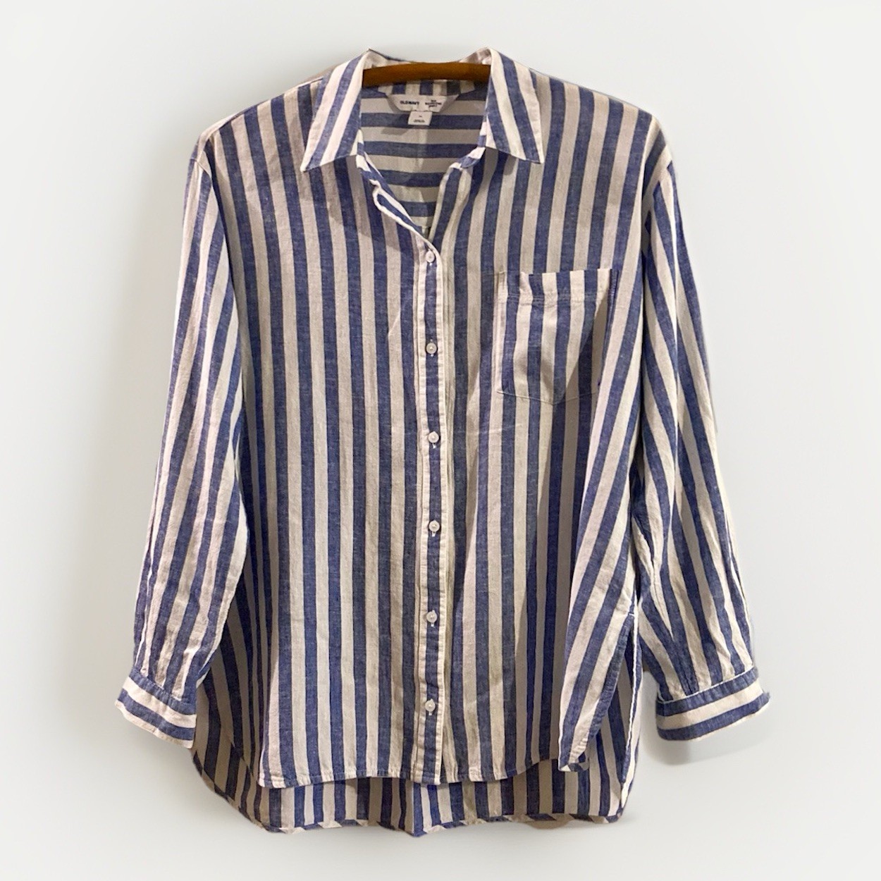 Old Navy The Boyfriend Shirt Size M Blue & White Stripe Linen Blend Lagenlook