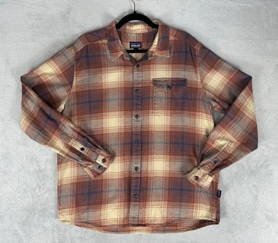 Patagonia Fjord Flannel Shirt Men's L Brown Plaid Organic Cotton Rust Blue Plaid