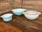 LOT OF 4 PC Vintage White & Turquoise Amish Butterprint Pyrex Glass Mixing Bowls