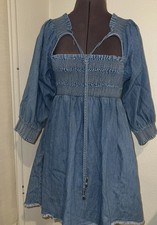 Free People This Is Everything Denim Puff Sleeve Mini Western Boho Dress A