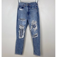 American Eagle Highest Rise Mom Jeans Destroyed Light Wash Slim Leg Size 00