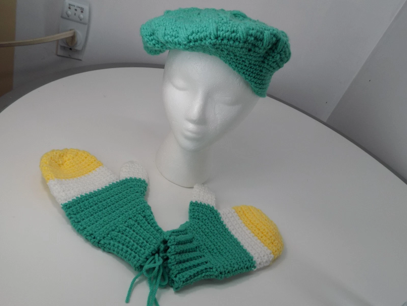 Hand Knit Crocheted Artisan matching Hat & Mittens Set, teal white yellow