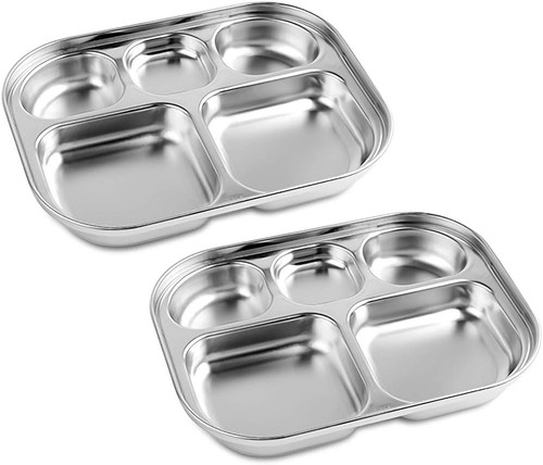 Stainless Steel Divided Plates Tray, 5 Section, Kids Toddlers 2 pack, Silver