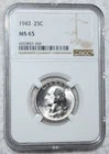 1943  Washington Quarter  NGC MS 65  -  25c  -  90% Silver