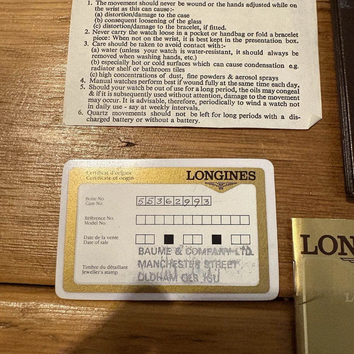 LONGINES Vintage Papeles Manual y Cartera Marrón y Dorado