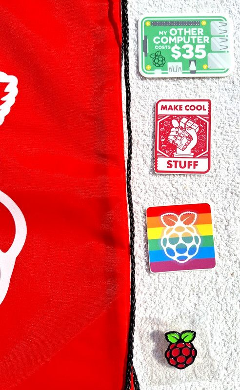 Raspberry Pi 3-Sticker Set, RPI Logo Pin, and Drawstring Bag, US Seller