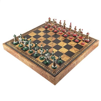 ITALIENISCHES SCHACHSET METALL HAND BEMALT CAMELOT + SCHACHBRETT WELTKARTE 48