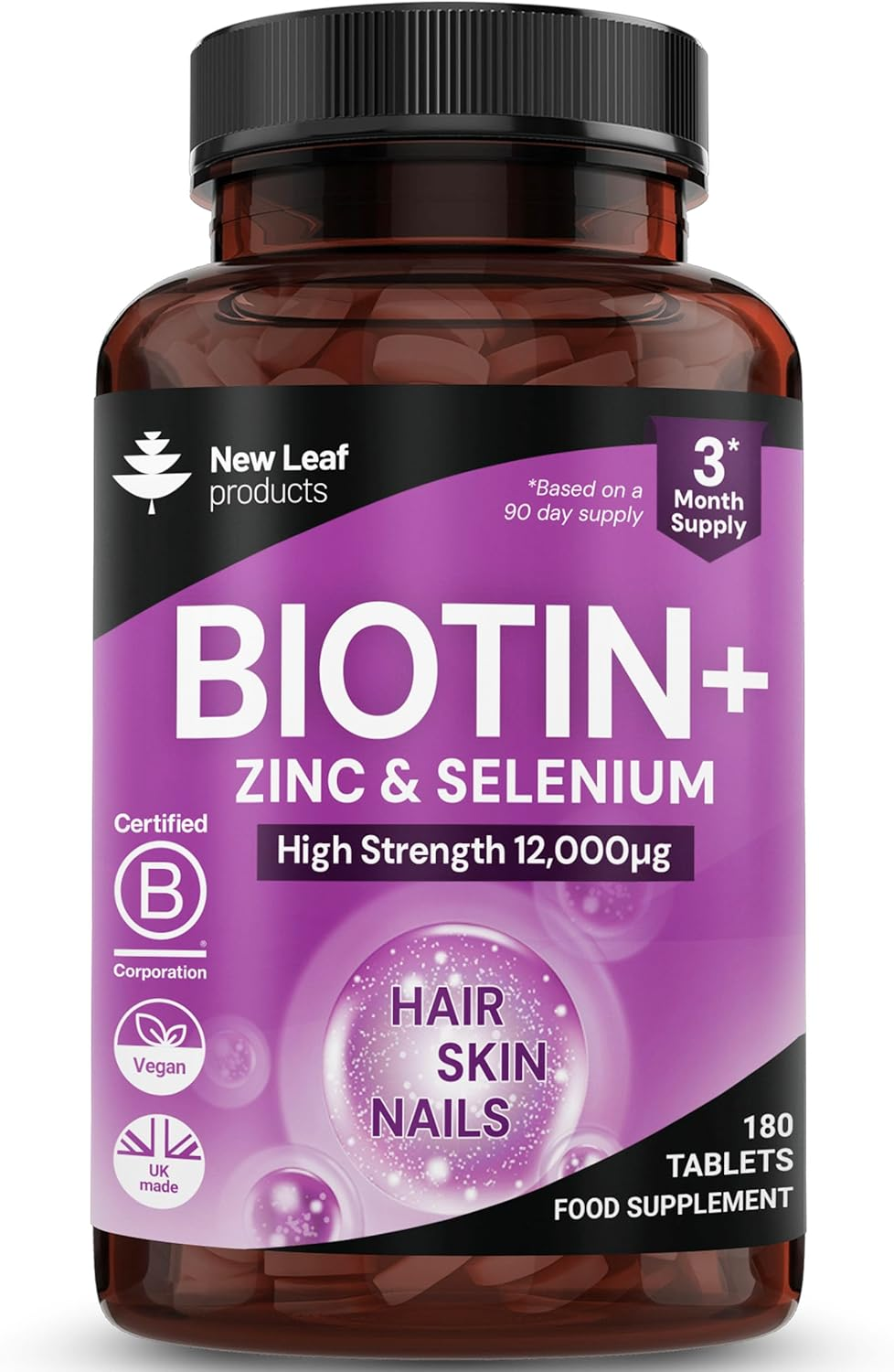Biotin 12000mcg Hair Skin Nails Vitamins Zinc Selenium Vegan UK Tablets 180