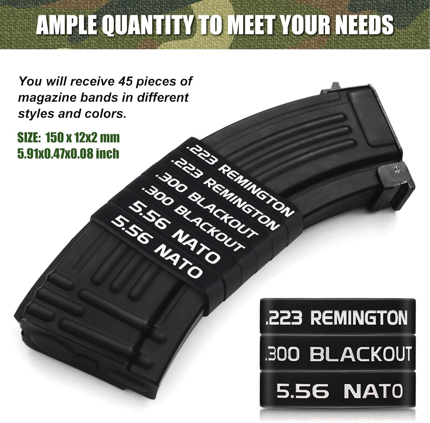 45 Pack Magazine Marking Band 5.56, 223 REM, 300 Blackout Magazine Bands for Acc