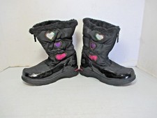 TOTES KIDS Boots Black Patent with Pink Purple White Hearts Faux Fur Size 1M