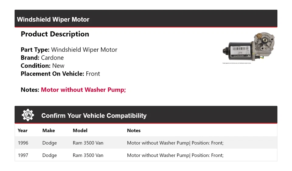适用于 1996 - 1997 道奇 Ram 3500 Van Windshield Wiper 电机前 Cardone — 第 2/4 张图片