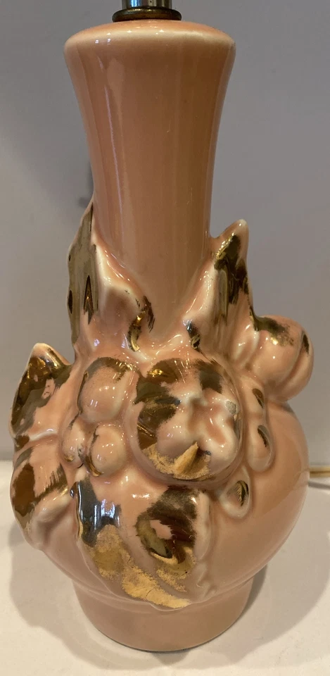 MCM灯镀金粉红色陶瓷带金色花朵踏板一对8.5英寸老式灯 — 第 3/4 张图片