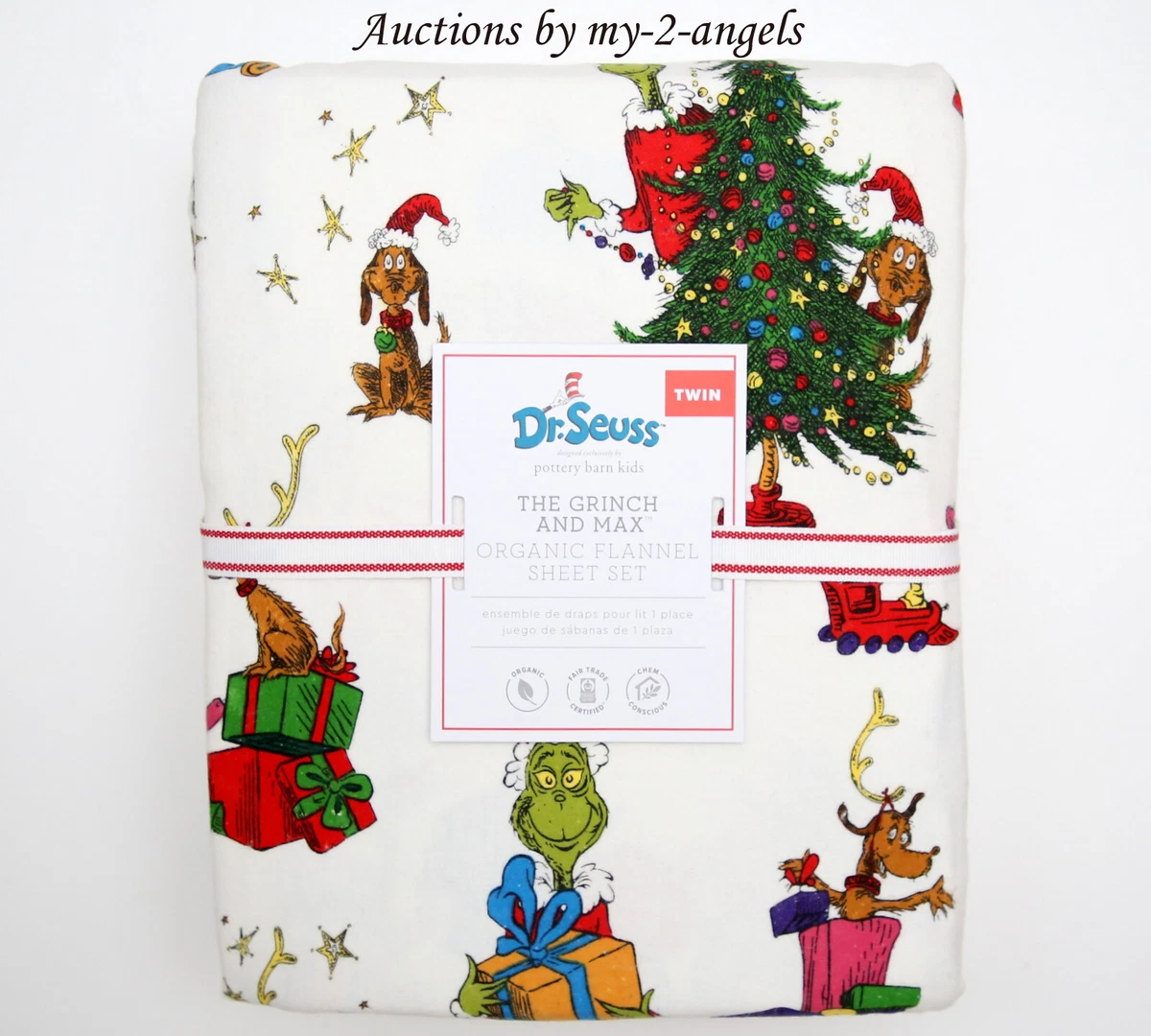 Pottery Barn Kids Christmas Dr. Seuss THE GRINCH AND MAX Flannel Twin Sheet Set