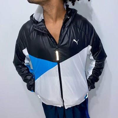 Rare Puma Faas Nylon Glanz Windbreaker Jacket Silver Blue Black