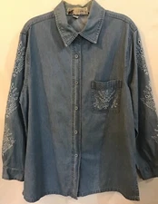 Passion L Blue Cotton Embroidered Eyelet Trim Blouse Shirt 