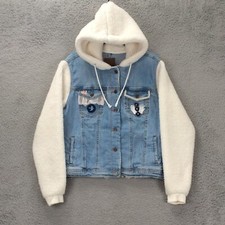 Customized Denim Jacket Women 1x Blue Upscaled Sherpa Hood Sleeves Hand Modified