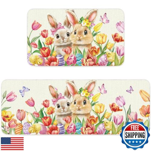Tinideya Easter Bunny Kitchen Rugs and Mats Set of 2 Rabbit Egg Non Slip Floo