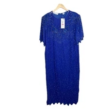 Vtg NWT Scala Maxi Dress 100% Silk Beaded Royal Blue Flapper Vibe Lined Size 3X