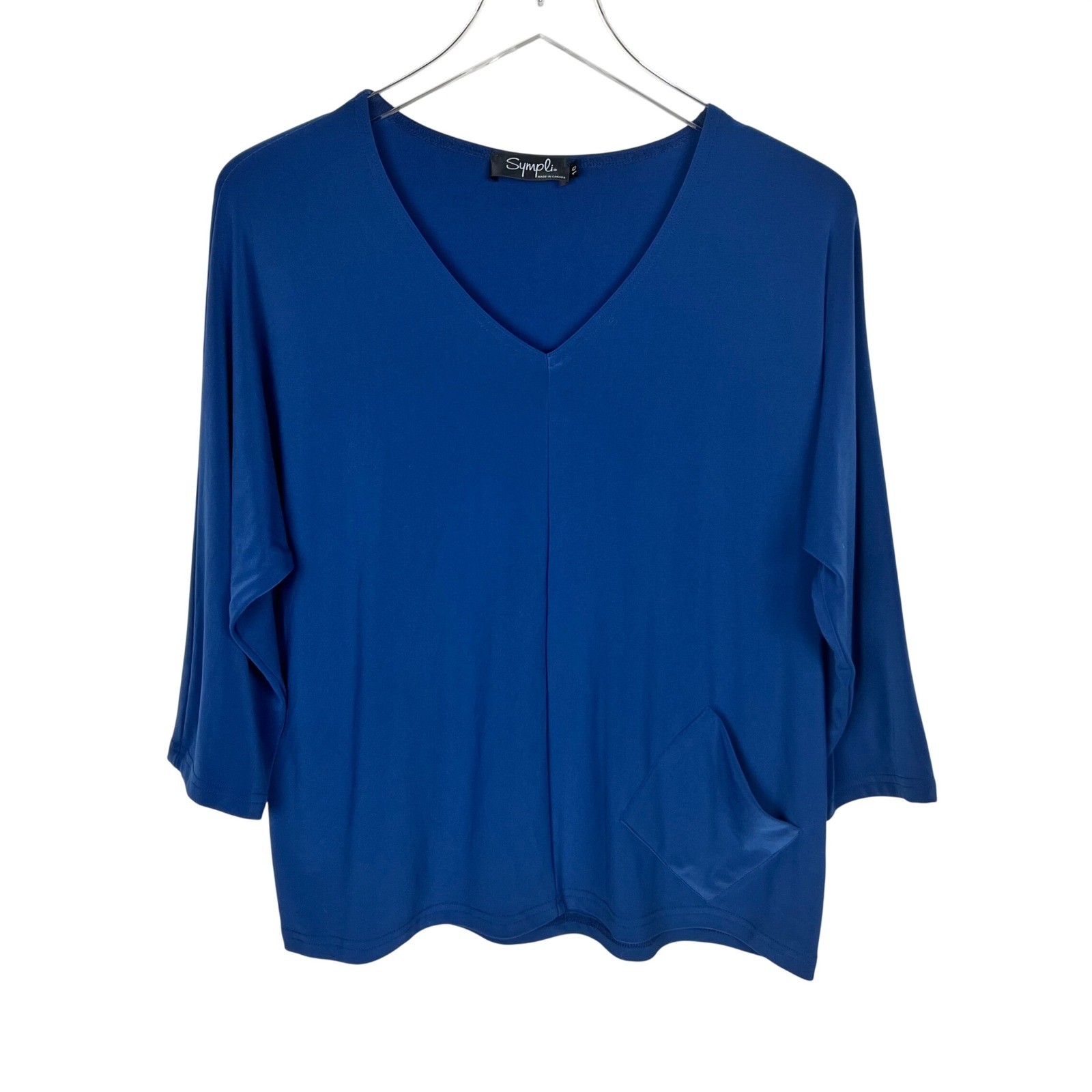 Sympli Womens Royal Blue V-Neck 3/4 Sleeve Pocket Top Size 10 Made in Canada