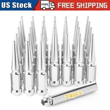 24 PCS Chrome Spike Lug Nuts 14x1.5 4.4" Tall w/ Key For Chevy Silverado Tahoe