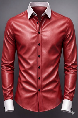 Red Men's Leather Shirt 100% Pure Lambskin Slim Fit Stylish Wear Leather Shirt