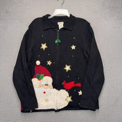 Vintage Classic Elements Christmas Cardigan Womens Large Black Santa Claus