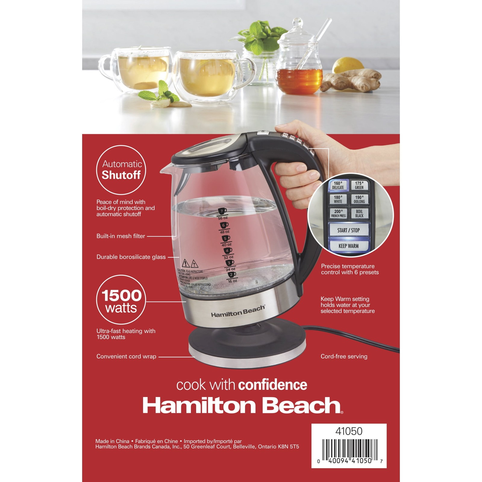 Hamilton Beach Temperature-Control Electric Glass Kettle, Tea & Water Kettle