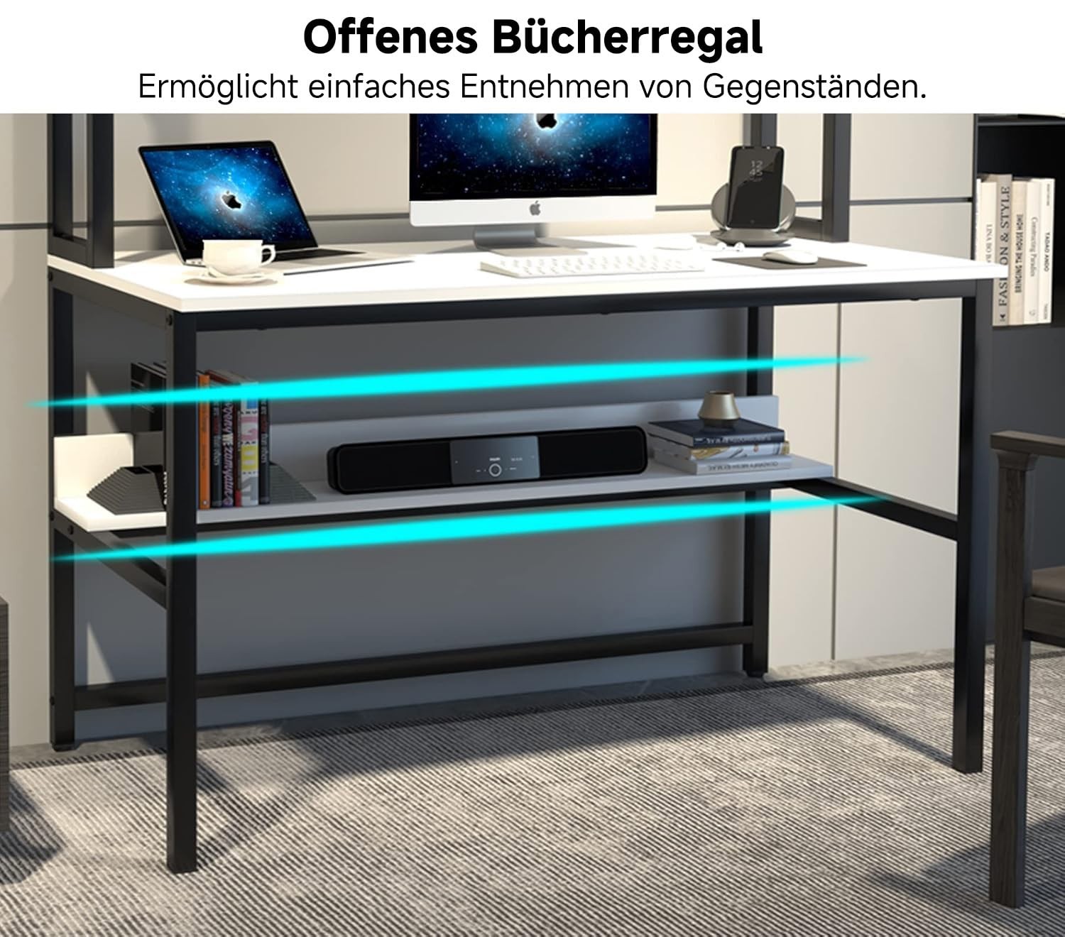 Scrivania Aquzee 120 cm con 3 ripiani ripiano bianco postazione di lavoro in legno home office foto 6