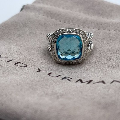David Yurman 925 Sterling Silber Albion Ring 11 mm Blautopas und Diamanten Größe 7