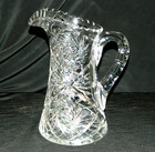 VINTAGE CUT GLASS PITCHER, BUZZ=STAR & FAN, 9" TALL, EX COND — photo 1
