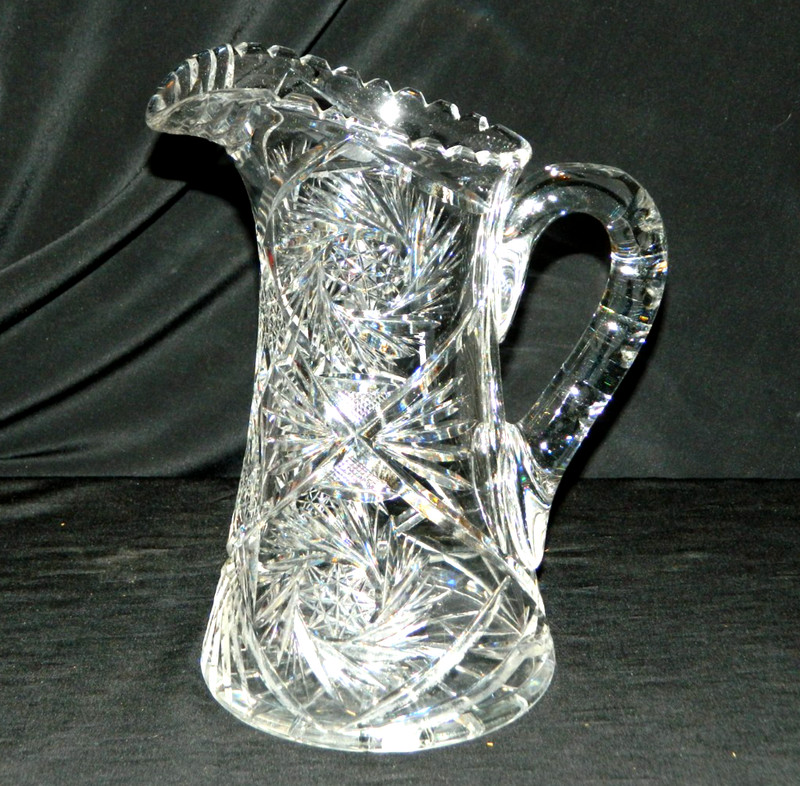 VINTAGE CUT GLASS PITCHER, BUZZ=STAR & FAN, 9" TALL, EX COND